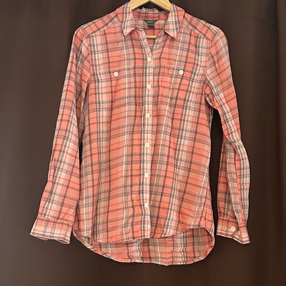 Eddie Bauer Women's Coral Plaid Blouse